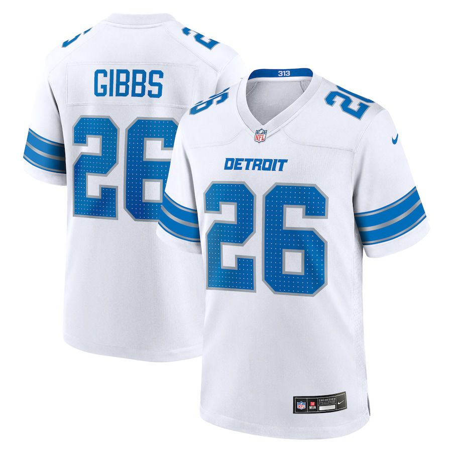 Men Detroit Lions 26 Jahmyr Gibbs Nike White Game NFL Jersey